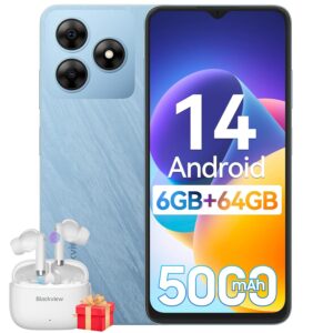 Blackview Mobile Phones, WAVE 8C Android 14 Phones, 6GB+64GB/2TB Octa Core, 6.56" HD+Display, 5000mAh Smart phone 10W Fast Charge, 8MP+13MP Camera, Triple Card Slots, Face...