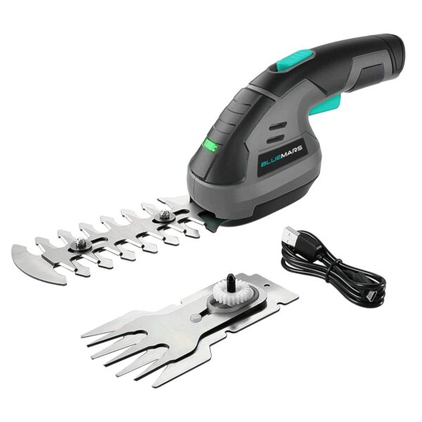 Bluemars 8V 2-in-1 Cordless Hedge Trimmer & Grass Shear w/ 2000mAh Lithium-Ion Battery, Mini Garden Pruner with 2 Blades, For Lawn, Shrub, and Garden Edging