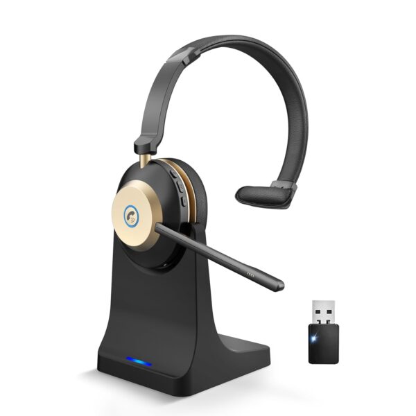 Bluetooth Headset, Wireless Headphones with Mic Noise Canceling & USB Dongle, Wireless Headset with Charging Base & 45hrs Talk Time for Office/Computer/Mobile Phones/Ms...