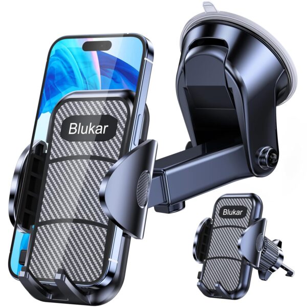 Blukar Car Phone Holder, Adjustable Car Phone Mount Cradle 360° Rotation - 4 in 1 Super Stable for Dashboard/Windscreen/Air Vent, One Button Release for All 4.7 to 6.7 inch...