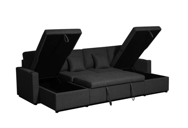 Bonded Leather Sofa Bed - U-Shaped 4 Seater Fabric Sofas For Living Room Furniture - Pull Out Suite & Convertable Settee With Storage - (Black Fabric, Left Hand Side)