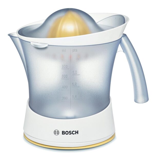 Bosch VitaPress MCP3500N citrus juicer, universal press cone for small and large fruits, pulp control, high juice yield, 0.8 l juice container, dishwasher-safe, 25 W, white/yellow