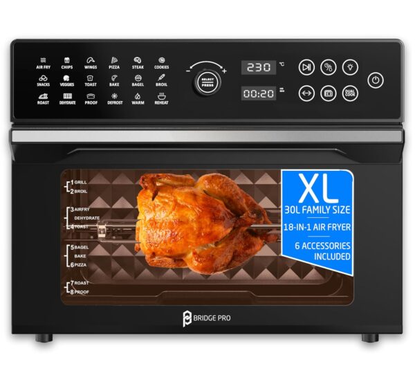 BridgePro 30L Digital Air Fryer Oven With Rotisserie Full Accessory Set - XL Family Sized 18 in 1 Dual Cook Smart Dial 360° Hot Air Circulation Time & Temp Controlled Fast...