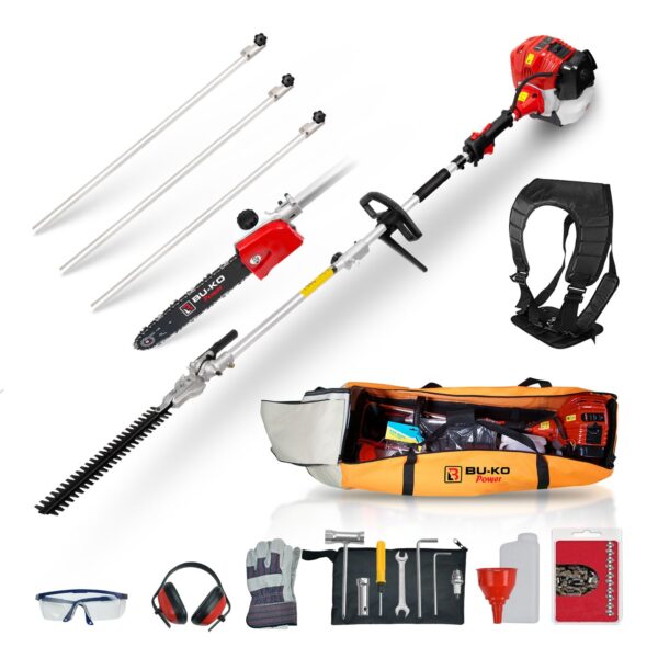 BU-KO 52cc Long Reach Petrol Hedge Trimmer and Pruner Saw with 3x 75cm Extension Pole and Toolbag for Convenient Storage, Ultimate Garden Tool for Precision Cutting, Trim Hedges...