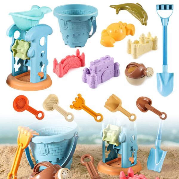 Bucket and Spade Beach Set Kids - 14pcs Beach Toys with Animal & Castle Molds, Bucket and Spade Set, Mesh Bag, Sand Toys Outdoor Fun Tools for Boys Girls