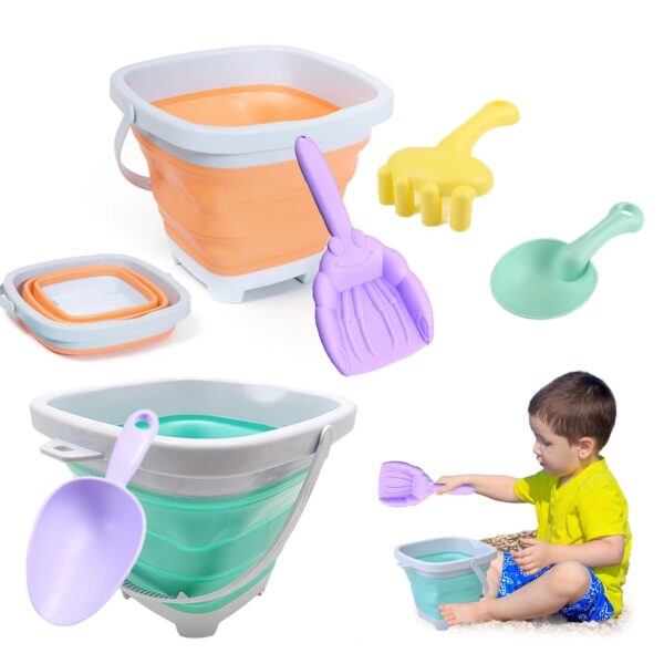 Bucket and Spade Beach Set Kids - 6pcs Foldable Beach Bucket with Shovels and Rake, Collapsible Buckets and Spade Kids Beach Play Sand Pail Buckets with Handle, Sand and Water...