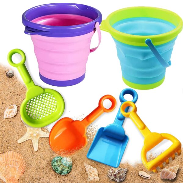 Bucket and Spade, Beach Toy for Kids Play Sand Toys Collapsible Beach Buckets With Shovels Scoop Sifter Kit for Beach Party Camping Fishing and Summer Activities (Round)
