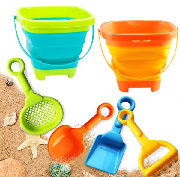 Bucket and Spade, Beach Toys Set for Kids Play Sand with Handle Foldable Buckets with Shovels Scoop Rake Sifter Summer Outdoor Activities for Beach Party Gift