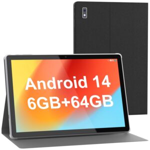 BYYBUO Android 14 Tablet,10.1 inch Tablet with Case, 64GB ROM Quad-Core Processor 5000mAh Battery, 1280x800 IPS FHD Touchscreen 5MP+8MP Camera, Bluetooth, WiFi, SmartPad Gray