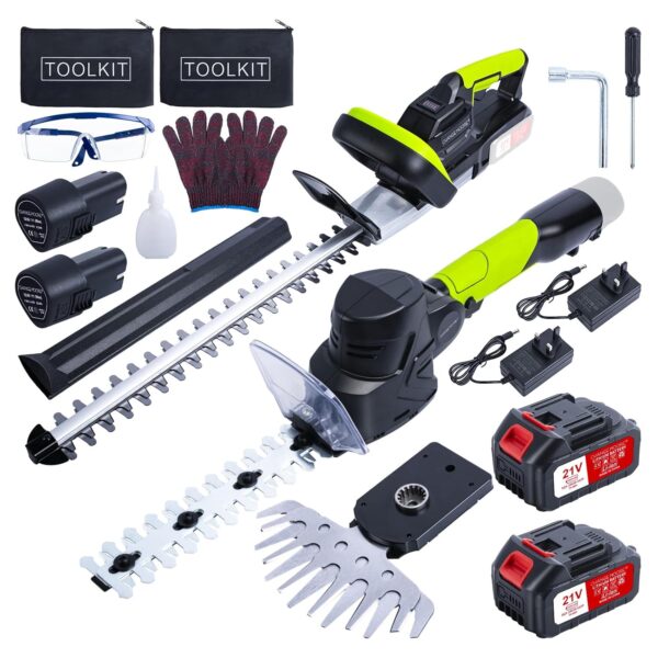 CHANGEMOORE 21V Cordless Hedge Trimmer Kit 4 Batteries Included, 48CM 65MN Steel Blade, 400W Brushless Motor, 3-in-1 from Grass Cutting and Hedge, 21cm Long Shrub Shear and 16cm...