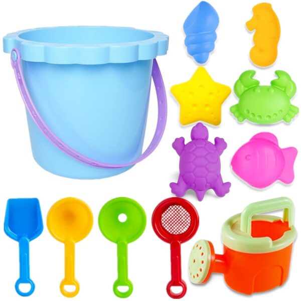 Chennyfun Kids Beach Sand Bucket Set, 12 PCS Sand Toys With Buckets, Watering Cans, Shovels, Rakes, Sea Animal Molds, Outdoor Toy For Toddler Boys Girls 3 4 5 6 7 8 Years Old