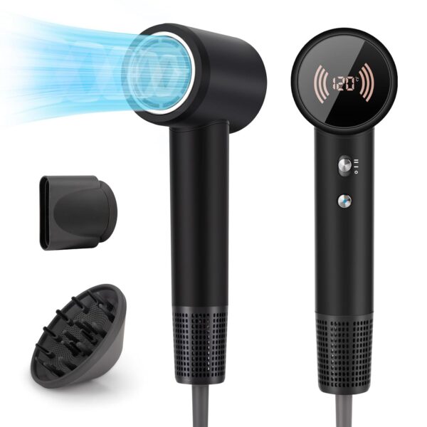 Chignon Ionic Hair Dryer with Diffuser - 110,000 RPM Brushless Motor, 1600W Blow Dryer with Temperature Display & Magnetic Attachments, Low Noise for Salon Styling
