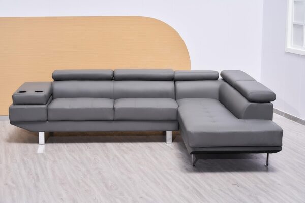 Classic Left & Right Hand Side Bonded Leather Corner Sofa With Adjustable Headrests with Cup Holder (Grey, Right Hand Side)