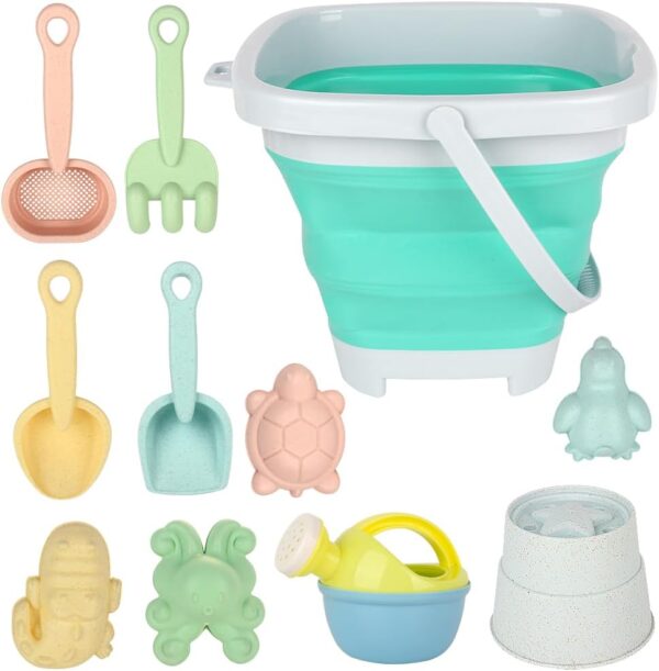 CLIUNT 11pcs Bucket Beach Toy Set, Play Sand Toys Set, Kids Sand Beach Toys Set, Sands and Water Outdoor Fun Tools for toddlers 1-3 with Foldable Bucket and Spade, Rake,...