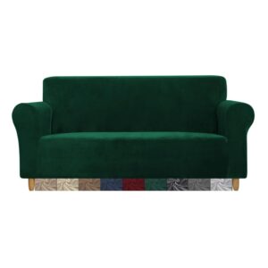 CMAKER Velvet Sofa Covers - 3 Seater Stretch Couch Cover with Non Slip Elastic Bottom - Furniture Protector Sofa Slipcovers for Pets (Dark Green)