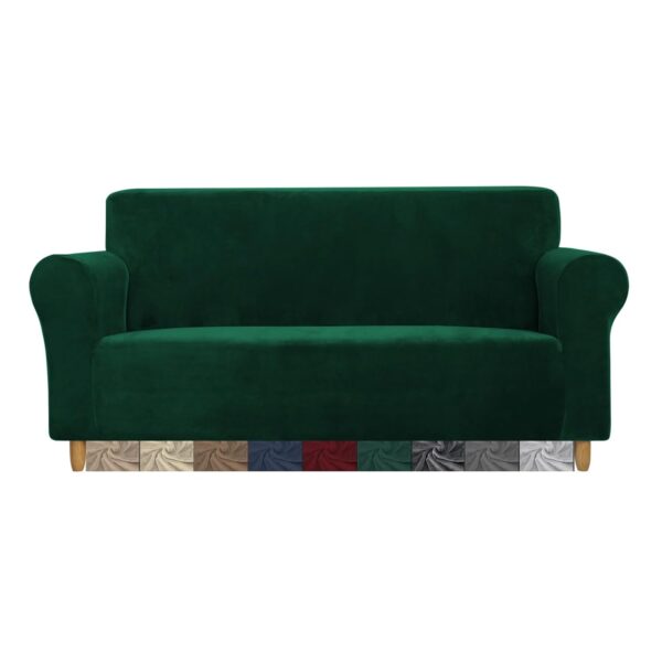 CMAKER Velvet Sofa Covers - 3 Seater Stretch Couch Cover with Non Slip Elastic Bottom - Furniture Protector Sofa Slipcovers for Pets (Dark Green)