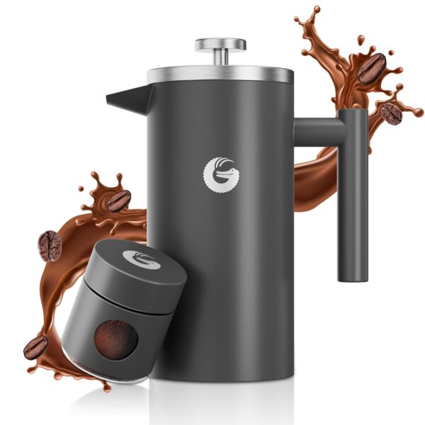 Coffee Gator Cafetiere 2-4 Cups, 1 L French Press Coffee Maker plus Travel Jar Canister, Double Walled Insulated Stainless Steel, Portable Hot Cold Brew Teapot for Home Office...