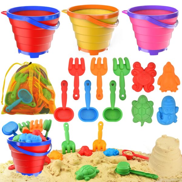 Collapsible Beach Toys for Toddler,Sandbox Toys for Kids 3 Packs Foldable Buckets with Sand Molds,Shovels&Mesh Bag for Beach Summer Outdoor Activities,Travel Outdoor for Kids...
