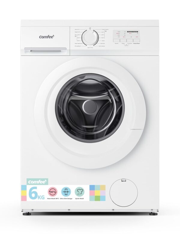 COMFEE' CFE10EW60/W Freestanding Washing Machine,6KG Load,Heat Wash 90℃,Ultra Slim 400mm,Quick Wash,15 Washing Programs,White