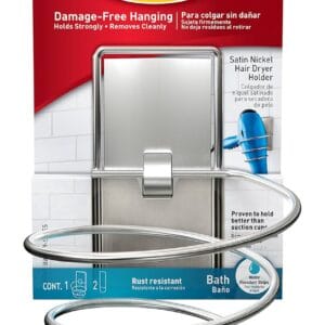 Command Bath Hair Dryer Holder, Satin Nickel, Water Resistant Adhesive Strips - 1 Hairdryer Holder and 2 Large Strips – Damage Free Hanging
