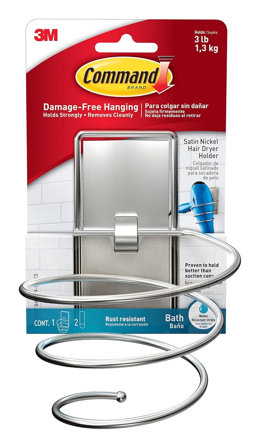 Command Bath Hair Dryer Holder, Satin Nickel, Water Resistant Adhesive Strips - 1 Hairdryer Holder and 2 Large Strips – Damage Free Hanging