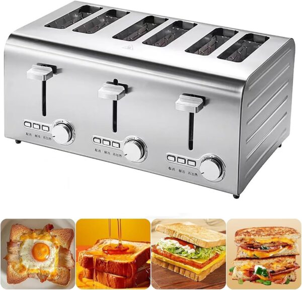 Commercial 6 slices Toaster， Auto Pop-Up (Independent & Extra wide slots with high lift, 7 Browning levels, Frozen/Cancel/Reheat function, Removable crumb tray, Brushed &...
