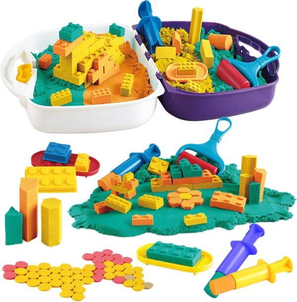 COO11 1000G Magic Play Sand Kit for Kids, Colorful Molding Sand with Brick Molds,Tools and Storage Trays for Indoor and Beach Play, Sensory STEM Activity and Art Toys for Boys...