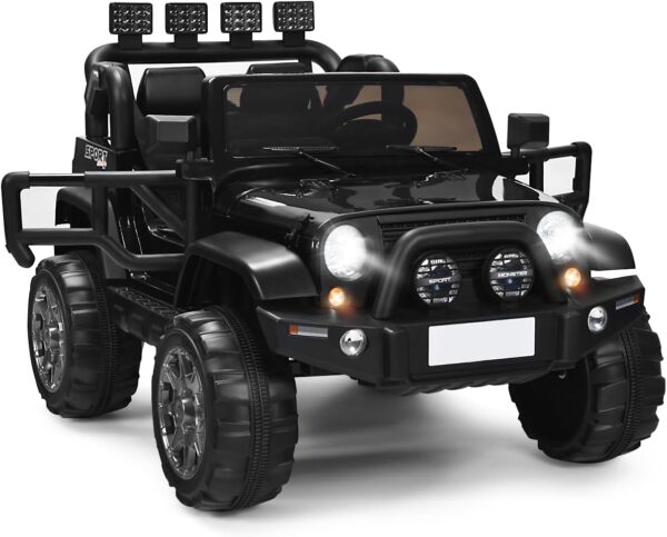 COSTWAY 12V Electric Ride on Car, 2-Seater Battery-powered Truck with Remote Control, LED Lights, Music, Horn, USB/TF/AUX, 4 Suspension Wheels Vehicle Toy for Boys Girls (Black)