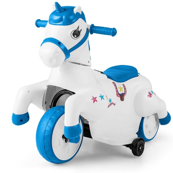 COSTWAY 12V Kids Ride on Toy, Electric Ride on Unicorn with Training Wheels, Horse Riding Mode, Music, Cute Riding Animal for Girls Boys (Blue+White)