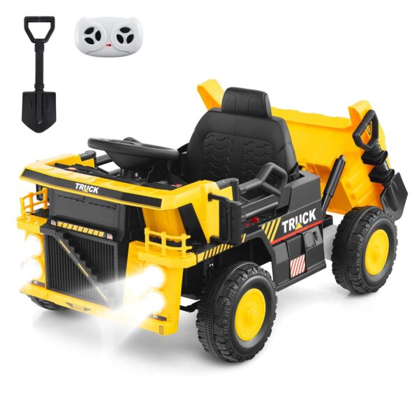 COSTWAY 12V Ride on Dump Truck, Kids Electric Car with Remote Control, Dump Bed, Extra Shovel, Music, Bluetooth, Ride on Construction Vehicles for Boys Girls