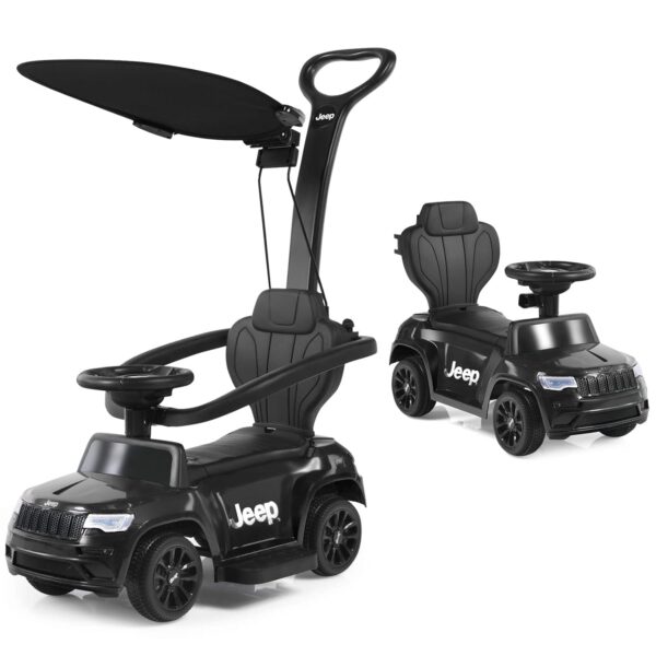 COSTWAY 3 in 1 Ride on Push Along Car, Toddlers Foot to Floor Slider with Adjustable Canopy, Underneath Storage, Removable Parent Handle & Safety Barriers, Horn and Music (Black)