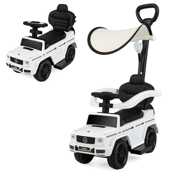 COSTWAY 3 in 1 Ride on Push Car, Licensed Mercedes Benz Foot to Floor Slider with Removable Push Handle & Guardrail, Adjustable Canopy, Horn Sound and Under Seat Storage (White)