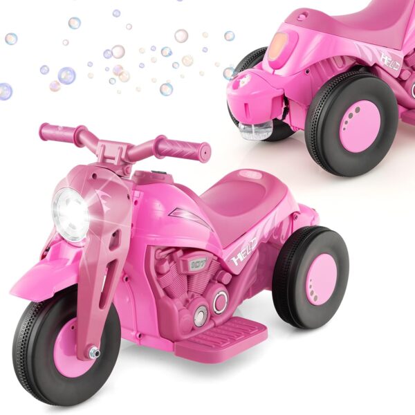 COSTWAY 6V Kids Ride on Motorcycle, Electric Toy Car with Bubble Maker, LED Headlight, Forward & Backward Switch, Battery Powered Motorbike for Boys Girls (Pink)