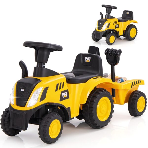 COSTWAY Kids Ride on Tractor, Licensed Caterpillar Push Car with Detachable Trailer, Horn, LED Lights, Rake & Shovel, Foot to Floor Sliding Toy for Toddlers 12-36 Months