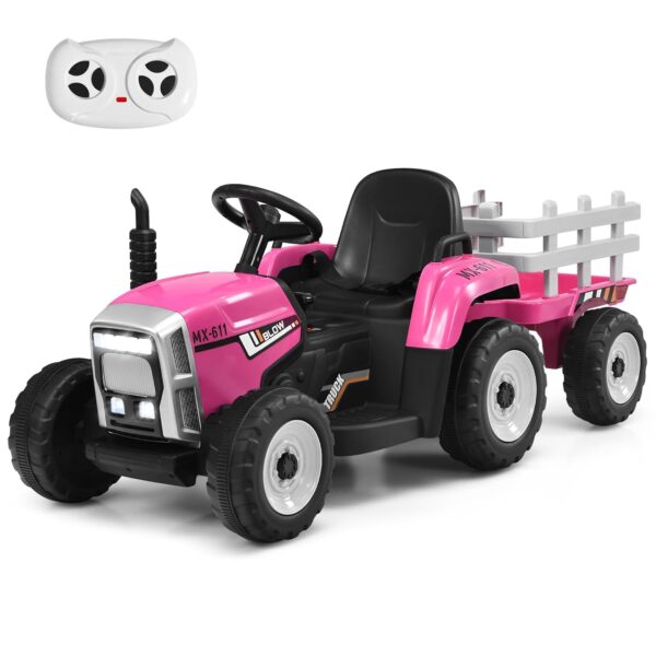 COSTWAY Ride on Tractor and Trailer, 12V Battery Powered Electric Kids Toy Car with Remote Control, LED Lights, USB & Bluetooth Music, Four Wheels Ride on Toys for Children Ages...