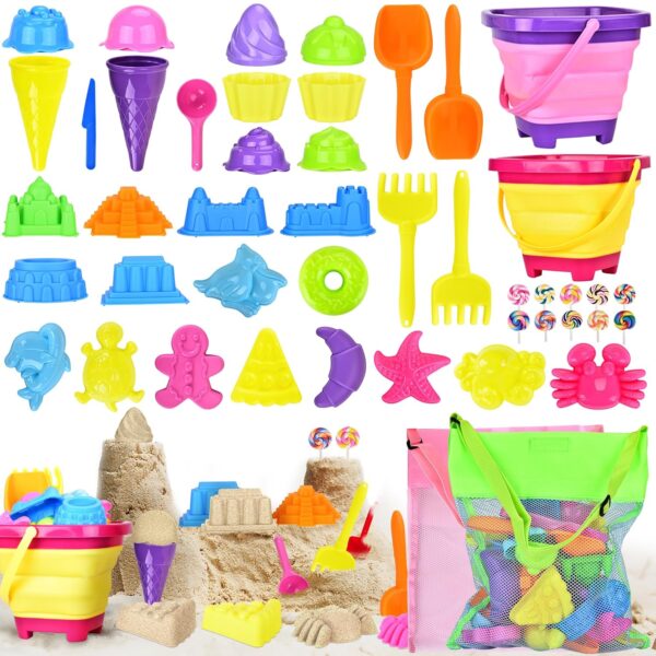 COZCLAM Beach Sand Toys for Kids, 46PCS Beach Toys Set Mit Collapsible Beach Bucket, Sand Leakage Mesh Bag | Desserts | Sea Animals | Sandcastle Molds | Sand Pit Toys For...