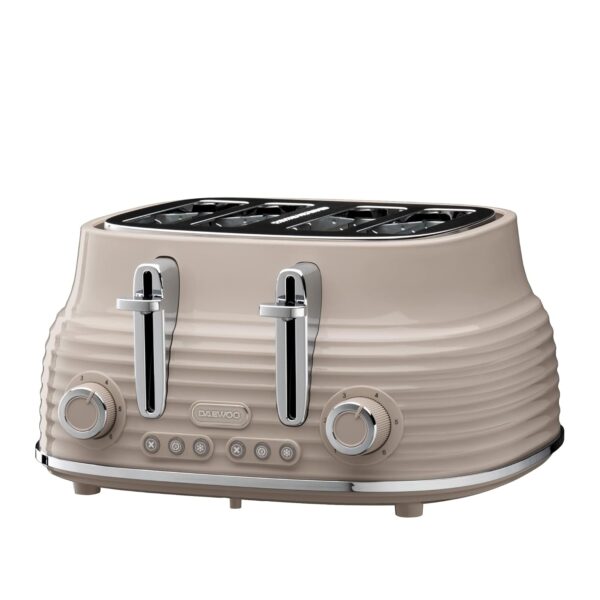 Daewoo Sienna 4 Slice Toaster, Wide Slots, 6 Browning Settings, Reheat, Defrost & Cancel Functions, Removable Crumb Tray, Stylish Taupe Finish, Ideal for Family Kitchens