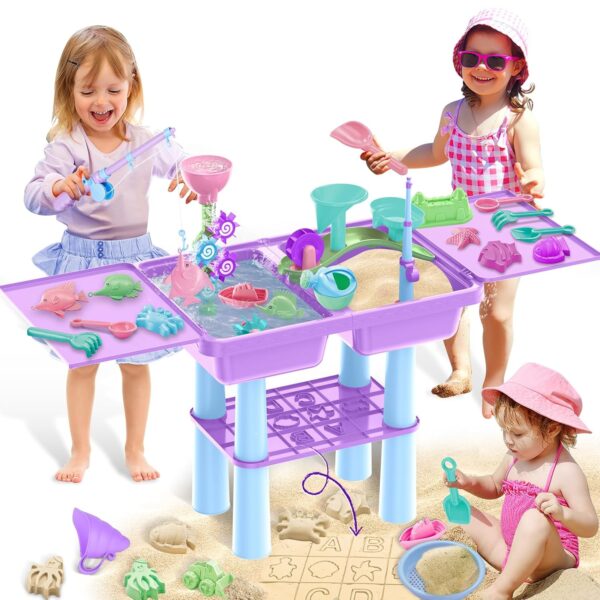 deAO Sand and Water Table for Toddlers, Outdoor Sand Water Play Table with 23PCS Beach Toys and 2 Fishing Pool Toys, Sand Pit Water Activity Table Summer Beach Garden Toy for 3+...