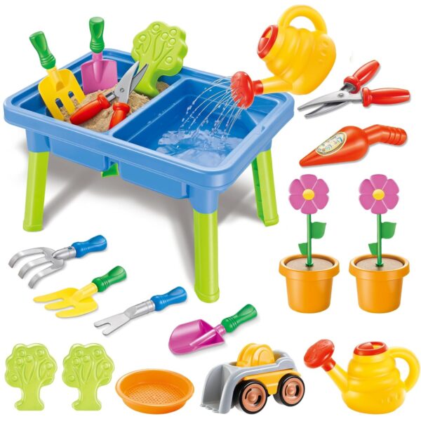 deAO Sand and Water Table Sand Pit with Garden Tools, Flower Planting Set, Fun Beach Toy for Creative Play Summer Outdoor Beach Garden Toy Gifts for Kids (Ages 3-8)