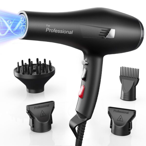 Dekuri Hair Dryer Professional Ionic Hairdryer Fast Drying with Diffuser, Concentrator Comb, 2 Speed 3 Heat Setting, Cool Button, for Women Men (Black)