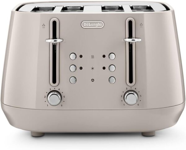 De'Longhi Eclettica BPA Free Metal Toaster CTY4003.BG, 4 Slot Toaster with Reheat and Defrost Functions, Control Panels, Progressive Browning Levels, Pull Crumbs Trays,...