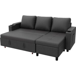 Devoko Sofa Bed, 3 Seater L-Shaped Pull-Out Corner Sofa Bed with Storage & Cup Holders, Space-Saving Convertible Sectional Sofa for Living Room & Bedroom, Grey