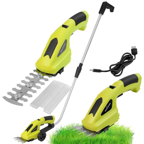DEWINNER 2 in 1 Cordless Hedge Trimmer & Grass Shear, 7.2V Handheld Grass Trimmer with Wheeled Extension Handle, 1500mAh Battery Hedge Trimmer with 2 Blades, Electric Shrub...
