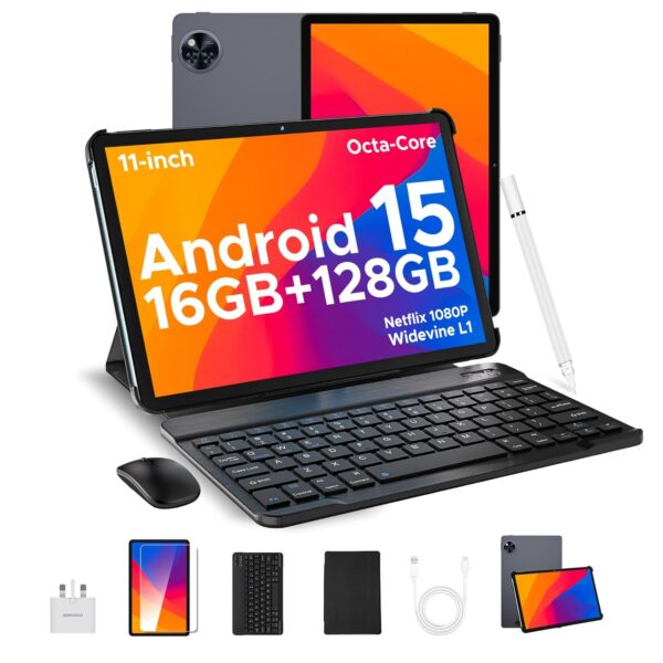 DOOGEE U11 2025 Newest 11'' Android 15 Tablet, 16GB+128GB/2TB TF Octa-Core, 90Hz Display, 8580mAh, Netflix 1080P, Bluetooth 5.0+5G WiFi, With Pen, Keyboard, Mouse & Case - Gray