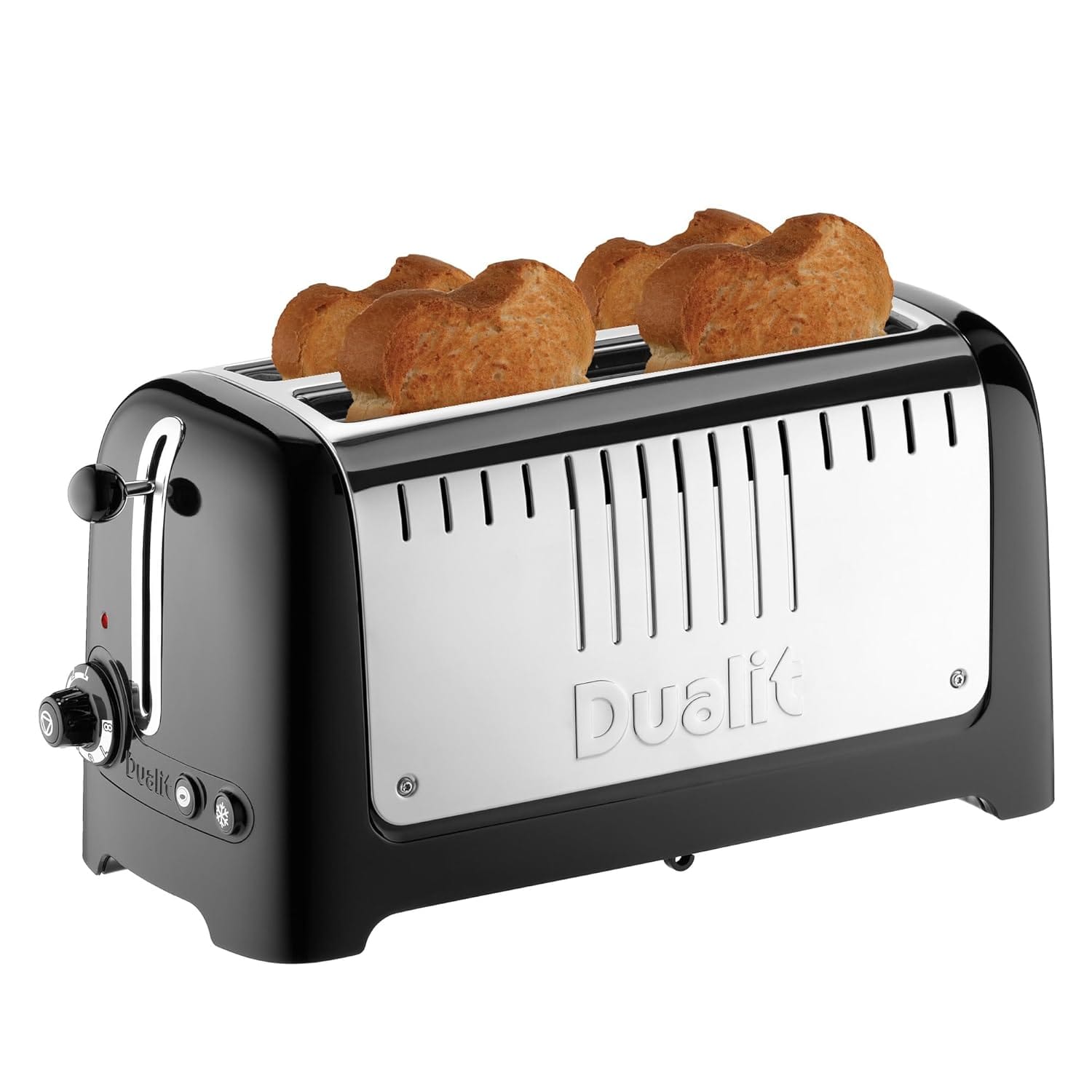 Dualit 2 Slice Longslot Toaster | 2kW | Perfect for artisan breads | Polished with High Gloss Black Trim | Bagel & Defrost Settings | 36 mm Wide Slots | Includes Warming Rack