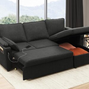 DURASPACE Sofa Bed Sleeper Pull Out 2 In 1 Sectional Sleeper Sofa Couches With Storage,USB, Cup Holder,Pullout Sectional Couches For Apartment Living Room (Dark Gray)