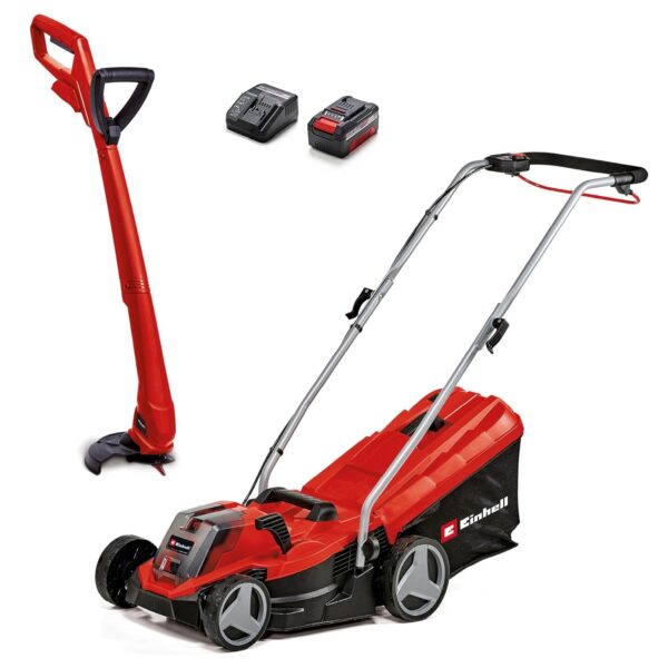 Einhell Power X-Change 18/33 Cordless Lawnmower and Strimmer Set - GE-CM 18/33 Li Battery Lawn Mower with Battery and Charger + GC-CT 18/24 P Li Grass Trimmer Set with 20...