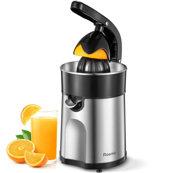 Electric Citrus Juicer, Easy Press Orange Juice Squeezer for Orange, Lemon, and Grapefruit, with Two Interchangeable Cones, Brushed Stainless Steel (240V)