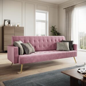ELEGANT 3 Seater Pink Velvet Sofa Bed, Modern Click Clack Luxury Sofas Settee Recliner Couch with Square Armrest and Rose Gold Finish Legs, Lounge Compact Sofa for Living Room,...
