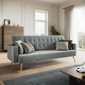 ELEGANT Grey Velvet Sofa Bed, Modern 3 Seater Click Clack Luxury Sofas Settee Recliner Couch with Square Armrest, Button Tufted Seat Cushion, Lounge Compact Sofa for Living...
